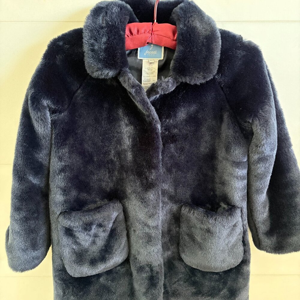 Jacadi Paris Girls Navy Faux Fur Coat 8A 128cm Winter Holiday